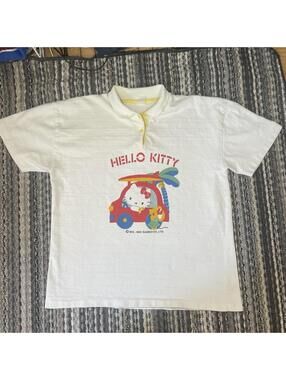 Vintage 80s 1983 Sanrio Hello Kitty Car Polo Snap Button Single Stitch White M